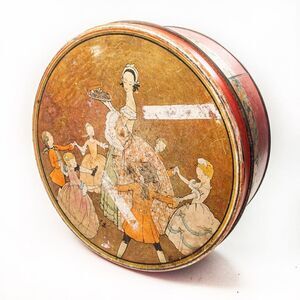 Antique Tindeco Colonial Revival Round Holiday Fruitcake Tin